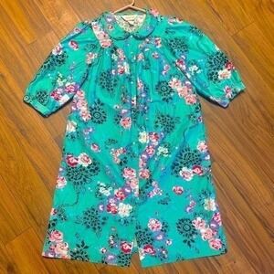 Carriage Court Vintage Teal Floral Cotton Duster Robe Snap Front 
L 16-18